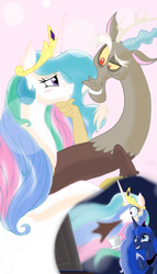 Size: 1000x1750 | Tagged: safe, artist:theroyalprincesses, character:discord, character:princess celestia, character:princess luna, ship:dislestia, computer, female, food, male, raised eyebrow, shipping, shipping denied, spit take, straight, tea