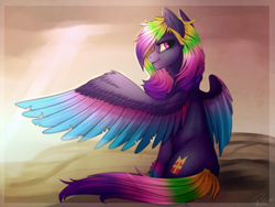 Size: 1024x768 | Tagged: safe, artist:orfartina, oc, oc only, oc:aurora, species:pegasus, species:pony, chest fluff, cloud, colored wings, colored wingtips, crepuscular rays, female, gradient hair, gradient wings, hoof fluff, looking at you, looking back, looking back at you, mare, multicolored hair, multicolored wings, neck fluff, signature, sitting, solo, spread wings, wings