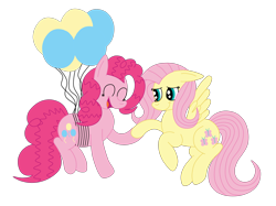 Size: 2592x1936 | Tagged: safe, artist:squipycheetah, character:fluttershy, character:pinkie pie, species:earth pony, species:pegasus, species:pony, ship:flutterpie, balloon, cute, diapinkes, eyes closed, female, floating, floppy ears, flying, happy, holding hooves, lesbian, open mouth, shipping, shyabetes, simple background, smiling, spread wings, string, strings, then watch her balloons lift her up to the sky, transparent background, vector, wings