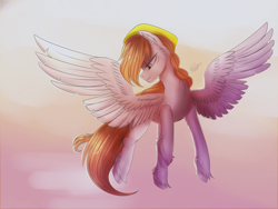 Size: 1024x768 | Tagged: safe, artist:orfartina, oc, oc only, species:pegasus, species:pony, cheek fluff, clothing, ear fluff, female, flying, hat, looking down, mare, solo, spread wings, unshorn fetlocks, wings