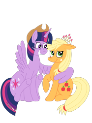 Size: 1936x2592 | Tagged: safe, artist:squipycheetah, character:applejack, character:twilight sparkle, character:twilight sparkle (alicorn), species:alicorn, species:pony, ship:twijack, accessory swap, applejack's hat, clothing, crown, cute, female, happy, hat, hug, lesbian, looking down, looking up, mare, shipping, simple background, sitting, smiling, spread wings, transparent background, twiabetes, vector, winghug, wings