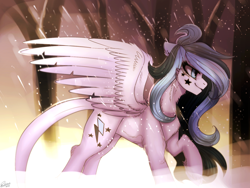 Size: 1024x768 | Tagged: safe, artist:orfartina, oc, oc only, species:pegasus, species:pony, chest fluff, female, leg fluff, mare, profile, snow, snowfall, solo, spread wings, tree, walking, wings, winter