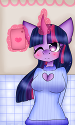 Size: 3000x5000 | Tagged: safe, artist:bunxl, character:twilight sparkle, species:anthro, arm behind back, blushing, camera, cellphone, cleavage window, clothing, curved horn, female, glowing horn, magic, mirror, phone, selfie, smartphone, solo, sweater, telekinesis, wink