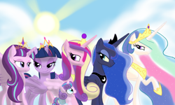 Size: 2000x1200 | Tagged: safe, artist:theroyalprincesses, character:princess cadance, character:princess celestia, character:princess flurry heart, character:princess luna, character:starlight glimmer, character:twilight sparkle, character:twilight sparkle (alicorn), species:alicorn, species:pony, episode:the crystalling, g4, my little pony: friendship is magic, alicorn pentarchy, alicornified, bedroom eyes, diaper, group, open mouth, race swap, royal sisters, starlicorn, xk-class end-of-the-world scenario