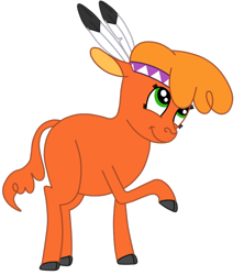 Size: 1718x1936 | Tagged: safe, artist:squipycheetah, character:little strongheart, species:buffalo, episode:over a barrel, g4, my little pony: friendship is magic, cloven hooves, feather, female, happy, headband, hooves, looking up, raised hoof, simple background, smiling, solo, standing, transparent background, vector