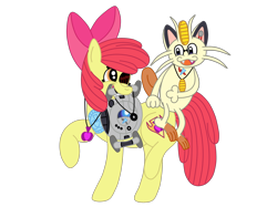 Size: 2592x1936 | Tagged: safe, artist:squipycheetah, character:apple bloom, species:earth pony, species:pony, episode:crusaders of the lost mark, g4, my little pony: friendship is magic, adorabloom, aperture science, apple bloom's bow, blood, crossover, cute, cutie mark, filly, happy, holding on, looking back, looking down, looking up, meowth, missing eye, mouth hold, nail, necklace, nyarth, pokémon, portal, portal (valve), portal 2, raised hoof, roketto-dan, scar, simple background, sitting, smiling, space core, standing, team rocket, the cmc's cutie marks, the unlikely trio, transparent background, trio, unlikely trio, vector, walking, wheatley