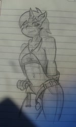 Size: 768x1280 | Tagged: safe, artist:zemer, oc, oc only, oc:bountiful heart, species:anthro, fallout equestria, abs, belly button, grayscale, lined paper, midriff, monochrome, sketch, solo, traditional art