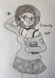 Size: 2946x4129 | Tagged: safe, artist:missmayaleanne, character:fluttershy, species:human, alternate costumes, bite mark, book, clothing, collar, ear piercing, female, glasses, grayscale, heart, humanized, looking at you, monochrome, nose piercing, piercing, plaid, skirt, smiling, solo, sweater, sweatershy, tattoo, traditional art
