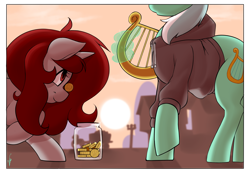 Size: 2384x1647 | Tagged: safe, artist:mrw32, character:lyra heartstrings, oc, oc:rubywave, fanfic:background pony, bits, clothing, dig the swell hoodie, hoodie, jar, lyre, magic, telekinesis