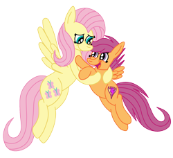 Size: 1936x1768 | Tagged: safe, artist:squipycheetah, character:fluttershy, character:scootaloo, species:pegasus, species:pony, episode:crusaders of the lost mark, g4, my little pony: friendship is magic, alternate cutie mark, cute, cutealoo, cutie mark, duo, female, filly, floating, flying, happy, hug, looking down, looking up, mare, open mouth, raised hoof, scootalove, shyabetes, simple background, sisters, small wings, smiling, spread wings, the cmc's cutie marks, transparent background, vector, wings