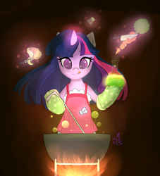 Size: 900x993 | Tagged: safe, artist:starshinebeast, character:twilight sparkle, species:pony, apron, bipedal, cauldron, clothing, cooking, dark, fire, flask, food, glow, magic, mittens, multitasking, tongue out
