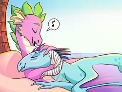 Size: 1024x768 | Tagged: safe, artist:loryska, character:princess ember, character:spike, species:dragon, ship:emberspike, episode:gauntlet of fire, g4, my little pony: friendship is magic, cuddling, eyes closed, female, hug, male, music notes, older, older spike, open mouth, pictogram, pillow, shipping, smiling, snuggling, straight