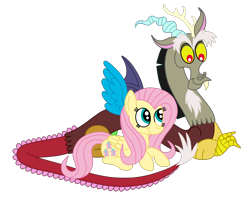 Size: 2592x2136 | Tagged: safe, artist:squipycheetah, character:discord, character:fluttershy, species:pegasus, species:pony, ship:discoshy, crossed arms, cute, discute, eyebrows, female, folded wings, happy, looking down, looking up, male, protecting, shipping, shyabetes, simple background, sitting, smiling, spread wings, straight, transparent background, vector, wings