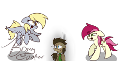Size: 4000x2000 | Tagged: safe, artist:lynchristina, character:derpy hooves, character:doctor whooves, character:roseluck, character:time turner, species:pegasus, species:pony, ship:doctorderpy, ship:doctorrose, female, male, mare, nervous, redraw, rivalry, shipping, shipping war, straight