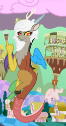 Size: 1114x2126 | Tagged: dead source, safe, artist:jaquelindreamz, character:discord, oc:eris, species:draconequus, chaos, chocolate milk, cloud, cotton candy, cotton candy cloud, discorded landscape, food, green sky, ponyville town hall, rule 63, solo