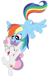 Size: 1793x2820 | Tagged: safe, artist:squipycheetah, character:rainbow dash, character:sweetie belle, alternate cutie mark, cute, cutie mark, dashabetes, diasweetes, duo, eyes closed, filly, flying, friendshipping, hanging on, happy, holding hooves, hoof hold, looking down, open mouth, raised hoof, simple background, smiling, spread wings, the cmc's cutie marks, transparent background, trust, vector, windswept mane, wings