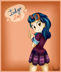 Size: 1024x1210 | Tagged: safe, artist:queentigrel, character:indigo zap, equestria girls:friendship games, g4, my little pony: equestria girls, my little pony:equestria girls, clothing, ear piercing, earring, female, goggles, gradient background, jewelry, looking at you, looking back, looking back at you, looking over shoulder, over shoulder, peace sign, piercing, school uniform, solo