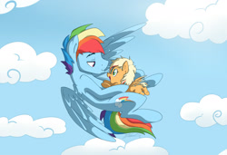 Size: 1990x1361 | Tagged: safe, artist:nolycs, character:rainbow dash, oc, oc:cloud burst, parent:applejack, parent:rainbow dash, parents:appledash, species:pegasus, species:pony, blitzabetes, cloud, colored wings, colored wingtips, cute, duo, duo male and female, eye contact, father and daughter, filly, flying, foal, happy, hug, lidded eyes, lip bite, looking at each other, male, next generation, offspring, open mouth, parents:appleblitz (straight), pouting, rainbow blitz, rule 63, rule63betes, sky, smiling, spread wings, stallion, underhoof, wings