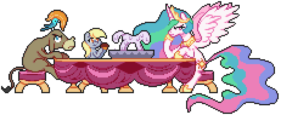 Size: 924x380 | Tagged: safe, artist:mrponiator, character:cranky doodle donkey, character:derpy hooves, character:princess celestia, species:bird, species:donkey, species:pegasus, species:pony, episode:no second prances, g4, my little pony: friendship is magic, :t, animated, annoyed, bored, donald chirp, eating, female, food, frown, ice sculpture, mare, muffin, open mouth, pixel art, scene interpretation, season 6, simple background, sitting, smiling, spread wings, table, transparent background, unamused, wings