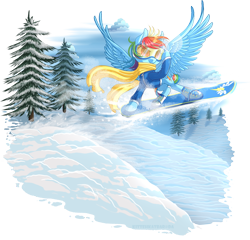 Size: 1399x1341 | Tagged: safe, artist:kittehkatbar, character:rainbow dash, species:pegasus, species:pony, clothing, female, goggles, scarf, simple background, snow, snowboard, solo, transparent background, winter