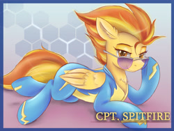 Size: 4800x3600 | Tagged: safe, artist:ardail, character:spitfire, species:pegasus, species:pony, absurd resolution, bedroom eyes, captain, chest fluff, clothing, female, glasses, looking at you, mare, pinup, smiling, solo, stupid sexy spitfire, sunglasses, wonderbolts uniform