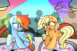 Size: 3000x2000 | Tagged: safe, artist:lynchristina, character:applejack, character:rainbow dash, dance dance revolution, grin, rhythm game, tongue out