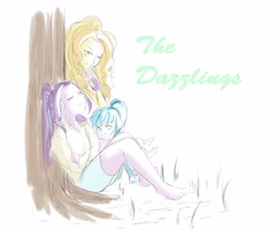 Size: 2820x2348 | Tagged: safe, artist:amazingpuffhair, character:adagio dazzle, character:aria blaze, character:sonata dusk, my little pony:equestria girls, barefoot, feet, sitting, the dazzlings, tree, wink, younger