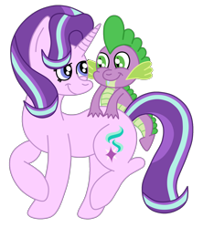Size: 1500x1692 | Tagged: safe, artist:squipycheetah, character:spike, character:starlight glimmer, species:dragon, species:pony, species:unicorn, ship:sparlight, episode:the crystalling, g4, my little pony: friendship is magic, alternate hairstyle, cute, female, glimmerbetes, happy, looking back, male, mare, new hairstyle, raised hoof, raised leg, shipping, simple background, smiling, straight, transparent background, vector, walking