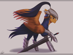 Size: 1024x768 | Tagged: safe, artist:orfartina, character:flash sentry, armor, artorias, crossover, dark souls, male, solo, sword, weapon