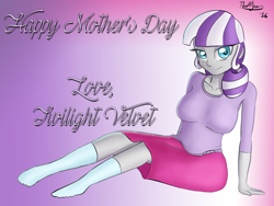 Size: 4000x3000 | Tagged: safe, artist:thealjavis, character:twilight velvet, my little pony:equestria girls, absurd resolution, breasts, busty twilight velvet, clothing, equestria girls-ified, female, looking at you, mother's day, signature, sitting, skirt, socks, solo