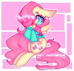 Size: 2080x2000 | Tagged: safe, artist:bunxl, character:fluttershy, blushing, bottomless, clothing, cyan eyes, cyan sweater, digital art, female, green sweater, heart eyes, partial nudity, pink hair, pink mane, pink tail, solo, sweater, sweatershy, wingding eyes, yellow coat