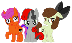 Size: 2592x1556 | Tagged: safe, artist:squipycheetah, character:apple bloom, character:scootaloo, character:sweetie belle, species:pegasus, species:pony, creepy belle, cute, cutie mark creeps, cutie mark crusaders, cutie mark monsters, elements of insanity, evil, francie bloom, grumpy, happy, insanity, karateloo, looking at you, looking away, looking back, raised hoof, scowl, simple background, sitting, smiling, smirk, spread wings, standing, tongue out, transparent background, trio, vector, wings