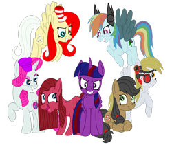 Size: 1900x1600 | Tagged: safe, artist:squipycheetah, character:applejack, character:derpy hooves, character:fluttershy, character:pinkamena diane pie, character:pinkie pie, character:rainbow dash, character:rarity, character:twilight sparkle, character:twilight sparkle (alicorn), species:alicorn, species:earth pony, species:pegasus, species:pony, species:unicorn, alternate cutie mark, alternate universe, applepills, brutalight sparcake, clothing, demented seven, demented six, derpigun, ditzy doo, elements of insanity, female, fluttershout, folded wings, happy, hat, looking at you, looking back, looking down, looking up, mane six, mare, missing accessory, open mouth, pinkis cupcake, prone, rainbine, rainbine ears, raised hoof, rarifruit, simple background, sitting, smiling, smirk, spread wings, standing, teeth, transparent background, vector, wings