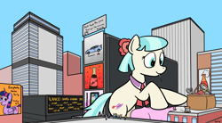 Size: 1556x862 | Tagged: safe, artist:rapidstrike, character:coco pommel, character:twilight sparkle, character:twilight sparkle (alicorn), species:alicorn, species:human, species:pony, basket, building, car, city, female, giant pony, giantess, macro, mare, mitsubishi, mitsubishi lancer, mouth hold, new york, new york city, open mouth, request, scissors, sewing, smiling, yarn ball