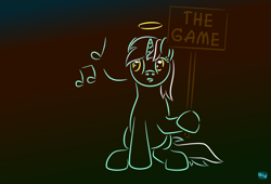 Size: 666x453 | Tagged: safe, artist:quint-t-w, character:lyra heartstrings, species:pony, species:unicorn, newbie artist training grounds, female, gradient background, halo, music notes, sign, solo, the game, whistling