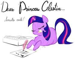 Size: 857x677 | Tagged: safe, artist:ross irving, character:twilight sparkle, character:twilight sparkle (unicorn), species:pony, species:unicorn, dear princess celestia, donut, eating, eyes closed, fat, female, food, letter, magic, mare, quill pen, twilard sparkle, writing