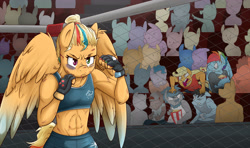 Size: 3800x2255 | Tagged: safe, artist:nolycs, character:applejack, character:rainbow dash, oc, oc:cloud burst, parent:applejack, parent:rainbow dash, parents:appledash, species:anthro, species:pegasus, species:pony, g4, abs, anthro oc, appleblitz (straight), armpits, belly button, blood, boxing, boxing ring, bruised, clothing, encouragement, female, fight, fingerless gloves, food, gloves, hair bun, half r63 shipping, heterochromia, male, midriff, mother, muscles, next generation, offspring, parents:appleblitz (straight), popcorn, rainbow blitz, rule 63, sports bra, straight, tomboy, wings
