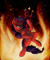 Size: 3000x3600 | Tagged: safe, artist:xxmarkingxx, character:rarity, episode:the saddle row review, g4, my little pony: friendship is magic, bedroom eyes, devil rarity, fangs, female, fire, hell, horns, shoulder devil, solo, trident