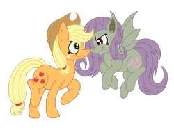 Size: 2592x1936 | Tagged: safe, artist:squipycheetah, character:applejack, character:flutterbat, character:fluttershy, species:bat pony, species:pony, ship:appleshy, episode:bats!, g4, my little pony: friendship is magic, alternate cutie mark, alternate eye color, alternate hairstyle, alternate universe, applejack's hat, bat wings, clothing, cowboy hat, cute, fangs, female, floating, flying, grin, hair tie, happy, hat, lesbian, nervous, nervous grin, race swap, raised hoof, red eyes, shipping, simple background, smiling, smirk, spread wings, surprised, transparent background, vector, wavy mouth, wings