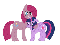 Size: 2592x1936 | Tagged: safe, artist:squipycheetah, character:pinkamena diane pie, character:pinkie pie, character:twilight sparkle, character:twilight sparkle (alicorn), species:alicorn, species:pony, ship:twinkie, crouching, cute, female, floppy ears, folded wings, happy, height difference, hug, lesbian, looking at you, looking up, mare, nervous, nervous grin, possessive, protecting, raised hoof, shipping, simple background, smiling, teeth, transparent background, vector, wavy mouth