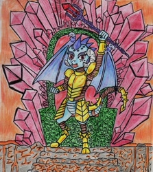 Size: 905x1016 | Tagged: safe, artist:kuroneko, character:princess ember, species:dragon, episode:gauntlet of fire, g4, my little pony: friendship is magic, armor, bloodstone scepter, dragon lord ember, female, lava, queen, solo, throne, traditional art