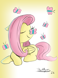 Size: 1280x1707 | Tagged: safe, artist:thealjavis, character:fluttershy, butterfly, eyes closed, female, folded wings, gradient background, insect on nose, prone, solo