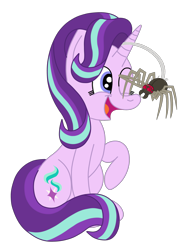 Size: 1936x2592 | Tagged: safe, artist:squipycheetah, character:starlight glimmer, species:pony, species:unicorn, cute, duo, female, fuzzy legs, glimmerbetes, happy, mare, one eye closed, open mouth, raised hoof, salute, simple background, sitting, smiling, spider, spiderbro, transparent background, vector, wink