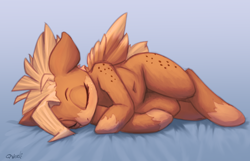 Size: 1280x822 | Tagged: safe, artist:qweeli, artist:transgressors-reworks, edit, oc, oc only, oc:ruby rustfeather, species:pegasus, species:pony, belly button, color edit, colored, eyes closed, female, on side, sketch, sleeping, solo