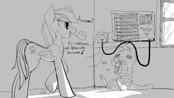 Size: 1259x708 | Tagged: safe, artist:archeryves, character:rainbow dash, character:spike, air conditioner, food, hot, ice cream, monochrome, translation