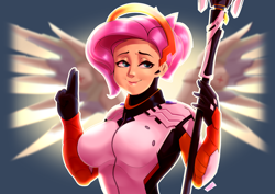 Size: 4092x2893 | Tagged: safe, artist:mrw32, character:fluttershy, species:human, breasts, clothing, crossover, female, gloves, humanized, mercy, mercyshy, overwatch, solo, weapon