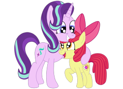 Size: 1936x1400 | Tagged: safe, artist:squipycheetah, character:apple bloom, character:starlight glimmer, species:earth pony, species:pony, species:unicorn, episode:crusaders of the lost mark, g4, my little pony: friendship is magic, adorabloom, alternate cutie mark, bow, cute, cutie mark, duo, female, filly, glimmerbetes, hair bow, happy, hug, looking down, looking up, mare, open mouth, raised hoof, simple background, smiling, standing, teeth, the cmc's cutie marks, transparent background