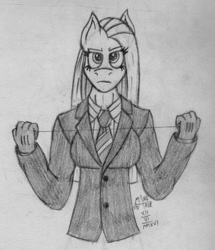 Size: 829x963 | Tagged: safe, artist:mane-shaker, character:pinkamena diane pie, character:pinkie pie, species:anthro, agent 47, clothing, crossover, female, hitman, monochrome, necktie, solo, suit, traditional art