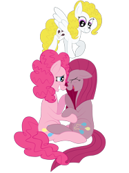 Size: 1936x2592 | Tagged: safe, artist:squipycheetah, character:pinkamena diane pie, character:pinkie pie, character:surprise, angel, comforting, cute, cuteamena, diapinkes, duality, eyes closed, floppy ears, guardian, happy, holding hooves, hug, looking down, open mouth, pinkiemena, ponidox, raised hoof, self ponidox, simple background, sitting, size difference, smiling, transparent background, trinity pie, trio, vector