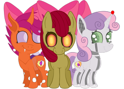 Size: 1936x1400 | Tagged: safe, artist:squipycheetah, character:apple bloom, character:scootaloo, character:sweetie belle, species:changeling, species:earth pony, species:pegasus, species:pony, species:unicorn, fanfic:undead robot bug crusaders, friendship is witchcraft, sweetie bot, episode:crusaders of the lost mark, g4, my little pony: friendship is magic, adorabloom, alternate color palette, alternate cutie mark, alternate eye color, alternate hairstyle, alternate universe, apple bloom's bow, blanked apple bloom, changelingified, cute, cutealoo, cutie mark, cutie mark crusaders, diasweetes, fangs, female, filly, foal, happy, hooves, horn, looking at you, orange changeling, possessed, race swap, robot, robot pony, scootaling, simple background, smiling, species swap, standing, story of the blanks, the cmc's cutie marks, transparent background, transparent wings, trio, undead, vector, zombie, zombie pony